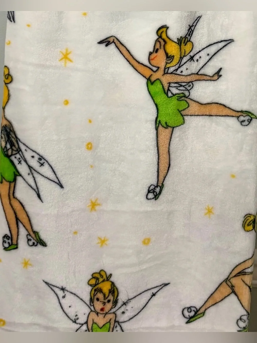 Disney Tinker Bell Plush Throw Blanket Fairy Soft Cozy White Green Throw